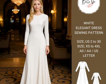 White Elegant Maxi Dress Sewing Pattern: Bridal Gown, Cottagecore(A0, A4-US Letter) (PDF Pattern)