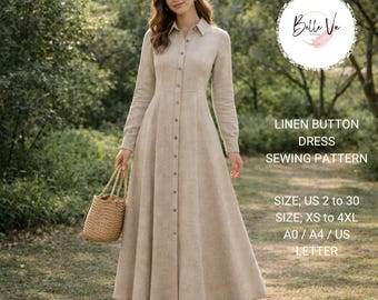 Linen Shirt Dress Sewing Pattern, Midi Button Down A-Line (PDF Download)