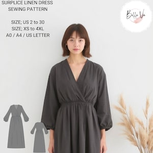 以下が含まれることがあります： サープリスリネンワンピースの縫製パターン。パターンには、USサイズ2〜30、XS〜4XLが含まれています。パターンはA0、A4、USレターサイズでご利用いただけます。
