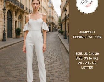 Strappy V-Neck Jumpsuit Sewing Pattern: Bridal Style (A4, A0, XS-4XL) (PDF Pattern)