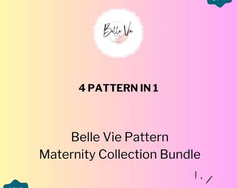 May include: A pink and yellow graphic with the text "Belle Vie Pattern Maternity Collection Bundle" and "4 PATTERN IN 1". The graphic also includes a logo with the text "Belle Ve" and two 75% off sale tags.