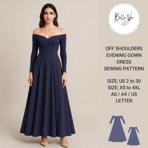 Könnte beinhalten: Ein Schnittmuster für ein Abendkleid mit offener Schulter. Das Schnittmuster ist in den Größen 34 bis 52 und XS bis 4XL erhältlich. Das Schnittmuster ist auf A0/A4/DIN A4 Papier gedruckt.
