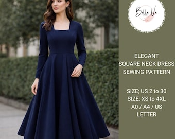 Elegant Square Neck Dress Sewing Pattern | Vintage Fit Flare Midi (PDF Pattern)