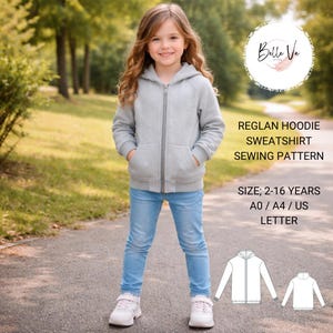 Kids Raglan Hoodie Sewing Pattern, Zip Sweatshirt, Boys Girls Sizes 2-16 (PDF Download)