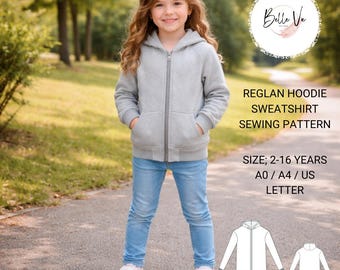Kids Raglan Hoodie Sewing Pattern, Zip Sweatshirt, Boys Girls Sizes 2-16 (PDF Download)