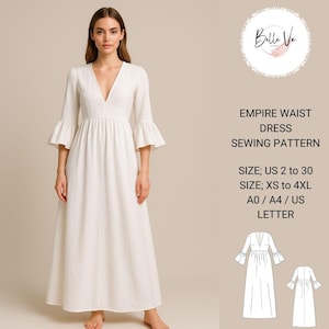 Patrón de costura para vestido con escote en V y cintura imperio, vestido casual, vestido de verano, vestido de lino, vestido largo, tallas A0, A4-US, tallas 2 a 30, XS-4XL