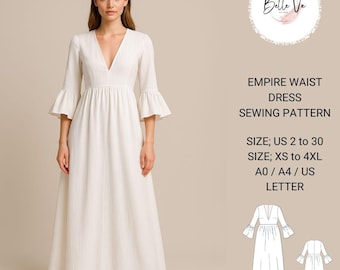 V-Neck Empire Waist Linen Dress Sewing Pattern (A0,A4, US Letter)