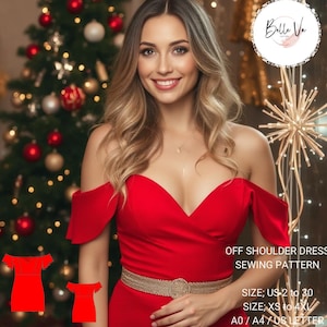 Off Shoulder Dress, Mini Dress PDF Sewing Pattern, Christmas Dress, US Size 2 - 30 and XS - 4XL, Suitable A0-A4