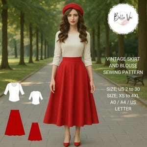 May include: A woman wearing a red skirt and a cream-colored blouse, with a red beret. The image includes a sewing pattern for a vintage skirt and blouse. The text on the image reads "VINTAGE SKIRT AND BLOUSE SEWING PATTERN".