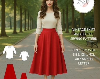 Vintage Skirt and Blouse Sewing Pattern: Full Circle Skirt (A0-A4)(Digital Download)