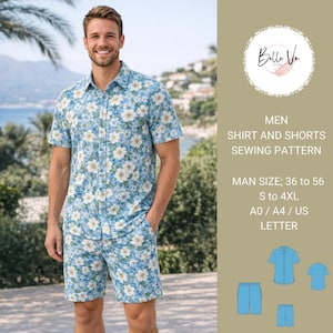 May include: A blue floral print shirt and shorts set. The shirt has short sleeves and a button-down front. The shorts are knee-length. The image also includes a sewing pattern with the text "MEN SHIRT AND SHORTS SEWING PATTERN".