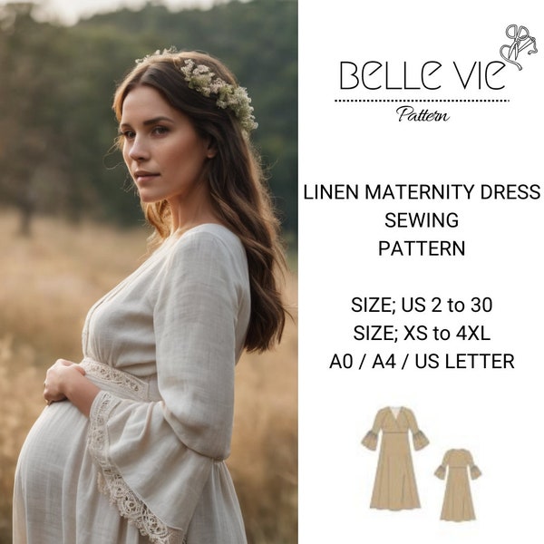 Linen Maternity Gown Dress Sewing Pattern,Ladies Sizes ; US 2 to 30-Xs to4 XL ,Formatted A0, A4 ,US Letter Paper.