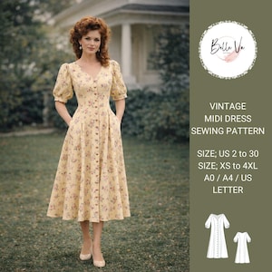 May include: A vintage midi dress sewing pattern. The dress is a light yellow color with a floral pattern and button-up front. The dress has short, puffed sleeves and pockets. The image also includes the text "Belle Ve" and size information.