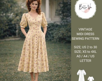 Vintage 80s Midi Dress Sewing Pattern, Puff Sleeve Button Front A-Line (PDF)