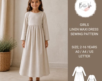 Girls Linen Maxi Dress Sewing Pattern, Long Sleeve Ankle Length (PDF Download)