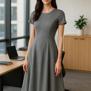 Puede incluir: Un vestido gris con mangas cortas, corpi&ntilde;o entallado y falda acampanada. El vestido presenta un escote redondo y un dobladillo a la rodilla. La mujer de la imagen est&aacute; de pie en un entorno de oficina, con un escritorio y una ventana al fondo.