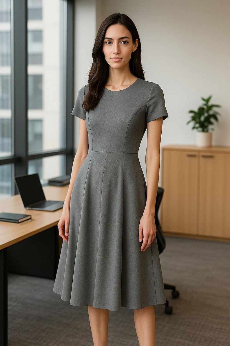Puede incluir: Un vestido gris con mangas cortas, corpi&ntilde;o entallado y falda acampanada. El vestido presenta un escote redondo y un dobladillo a la rodilla. La mujer de la imagen est&aacute; de pie en un entorno de oficina, con un escritorio y una ventana al fondo.