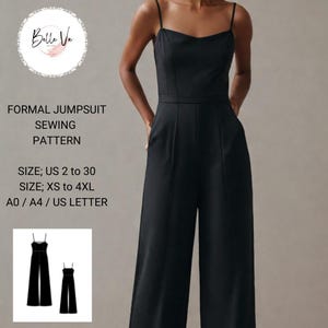 May include: A black formal jumpsuit sewing pattern for sizes US 2 to 30, XS to 4XL. The pattern is available in A0, A4, and US Letter sizes.