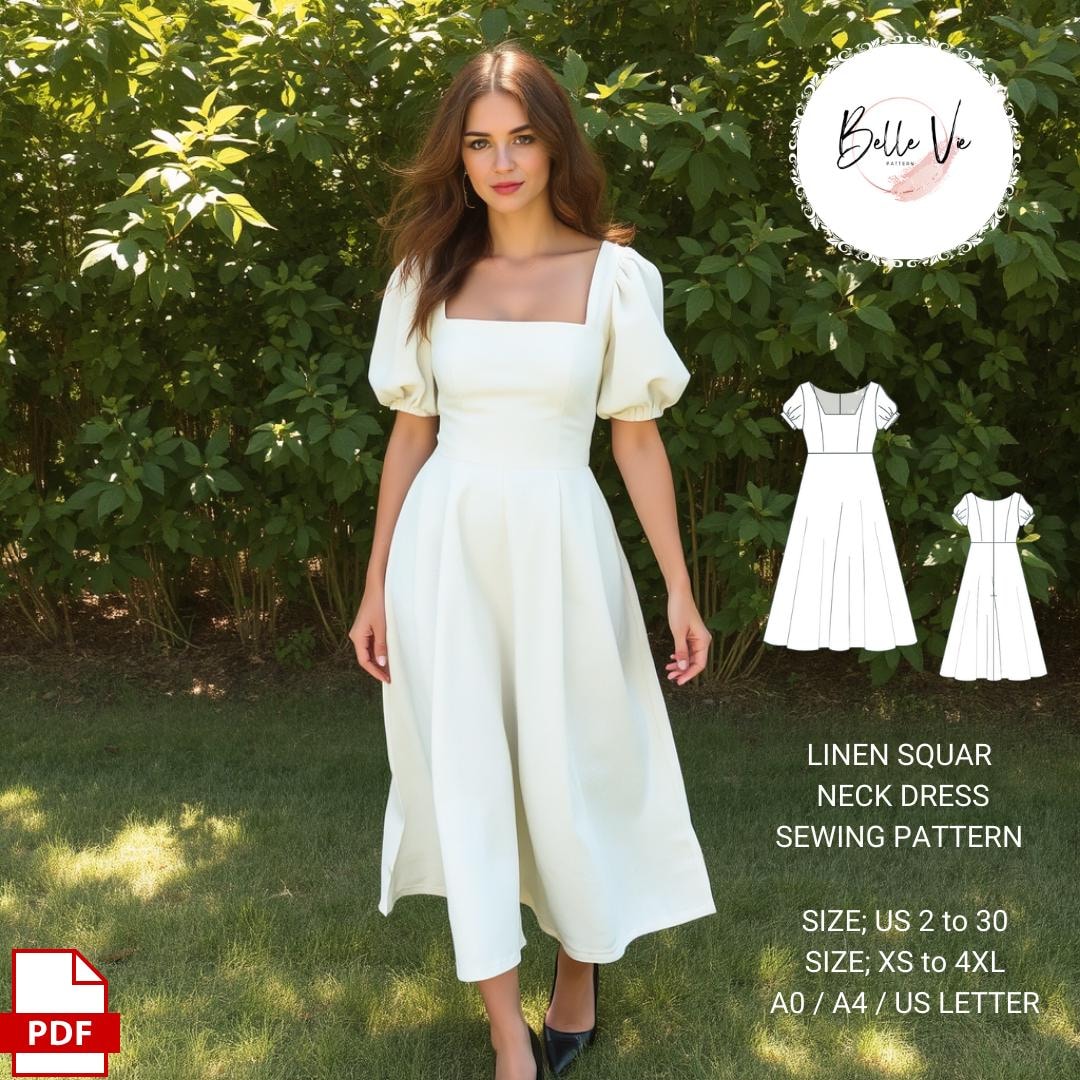 Linen Square Neck Midi Dress Sewing Pattern: Cottagecore Style (XS-4XL)(PDF  Pattern) - Etsy