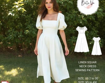 Linen Square Neck Midi Dress Sewing Pattern: Cottagecore Style (XS-4XL)(PDF Pattern)