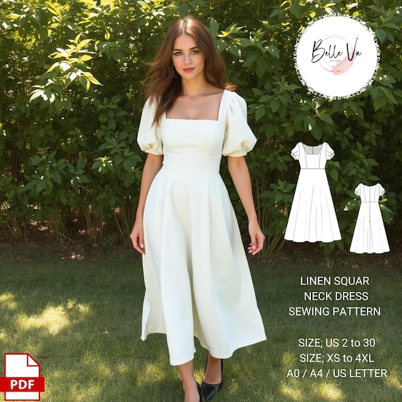 Linen Square Neck Midi Dress Sewing Pattern: Cottagecore Style (XS-4XL)(PDF  Pattern)