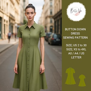 May include: A button-down dress in olive green, featuring short sleeves and a collared neckline. The dress has a fitted bodice and a flared skirt. The image includes the text "BUTTON DOWN DRESS SEWING PATTERN" and size details.