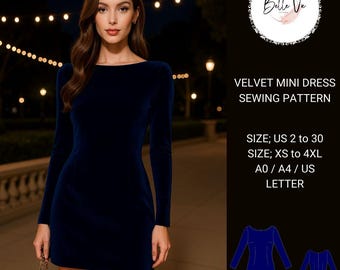 Velvet Mini Dress Sewing Pattern: Boat Neck, Ball Gown(A0/A4/US Letter)
