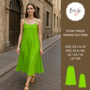 May include: A woman wearing a bright green strap dress. The dress is a midi length with a flared skirt. The image also includes a sewing pattern for a strap dress, with sizing information and the text "Belle Ve".