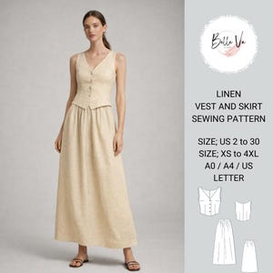 May include: A woman wearing a beige linen vest and skirt. The vest has a V-neck and button closure. The skirt is a long, flowing style. The image includes text that reads "LINEN VEST AND SKIRT SEWING PATTERN" and size information.