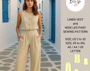 Modello di cucito per pantaloni e gilet in lino: outfit minimalista da donna (modello PDF, XS-4XL)