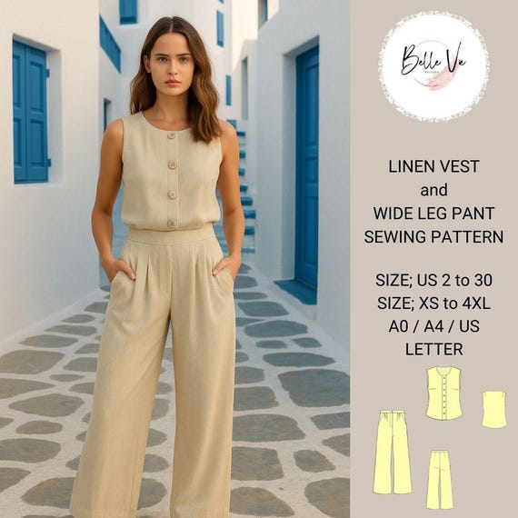 Linen Pants and Vest Sewing Pattern: Women's Minimalist Outfit(PDF Pattern, XS-4XL)