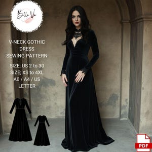 Könnte beinhalten: Ein Schnittmuster für ein schwarzes Samt-Gothic-Kleid mit V-Ausschnitt und langen Ärmeln. Das Schnittmuster umfasst die Größen US 2 bis 30 und XS bis 4XL. Das Schnittmuster ist in den Größen A0, A4 und US Letter erhältlich. PDF-Download.