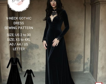 Patrón de costura para vestido gótico con escote en V: Cosplay de bruja y vampiro (XS-4XL) (Descarga digital)