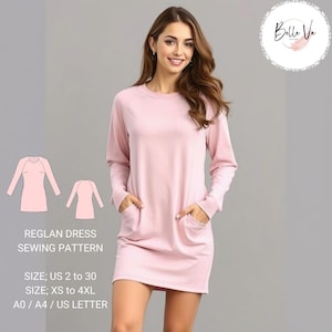 May include: A light pink raglan dress with long sleeves and pockets. The dress is shown on a person. The image also includes a sewing pattern diagram and text that reads "REGLAN DRESS SEWING PATTERN" and size information.