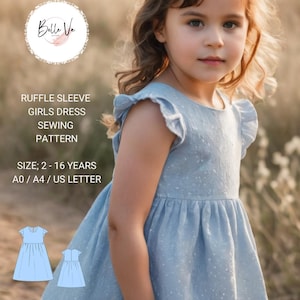 Vestido de niña con mangas con volantes, vestido de verano, patrón de costura en PDF para vestido infantil, apto para tallas A4-A0-US, edad de 2 a 16 años