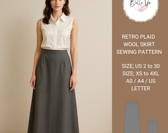 High Waist Wool Skirt Sewing Pattern: Retro Plaid, Plus Size(PDF)