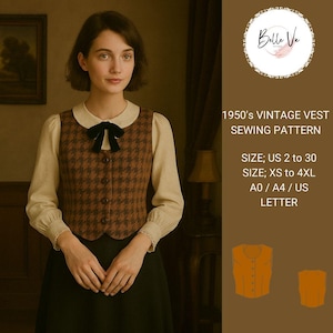 May include: A sewing pattern for a vintage vest. The pattern is available in sizes US 2 to 30 and XS to 4XL. The pattern is printed on A0/A4/US letter paper. The image shows a woman wearing a brown and white checkered vest.