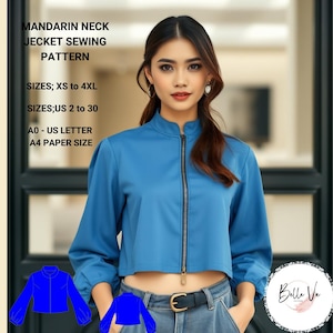 Mandarin Neck Shirt Model, Zippered Jacket, Chinese Cheongsam Blouse Sewing Model, Tea Ceremony, - Women&#39;s Sizes US 2-30 and XS - 4XL