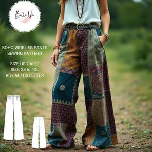 Puede incluir: Un patrón de costura para pantalones de pierna ancha con estilo boho. El patrón incluye tallas US 2 a 30 y XS a 4XL. El patrón está disponible en tallas A0, A4 y US Letter.