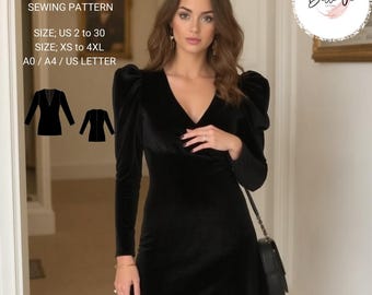 A-Line V-Neck Mini Dress Pattern: US Size 2-30(Digital Download)