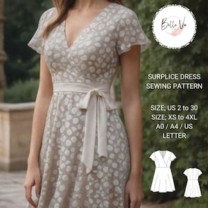 May include: A sewing pattern for a surplice dress with a V-neckline and short sleeves. The pattern is available in sizes UK 4 to 32 and XS to 4XL. The pattern is printed on A0/A4/UK letter paper.