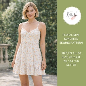 May include: A woman wearing a white floral mini sundress with spaghetti straps. The dress has a V-neck and a ruffled hem. The image includes text that reads "FLORAL MINI SUNDRESS SEWING PATTERN" and size information.