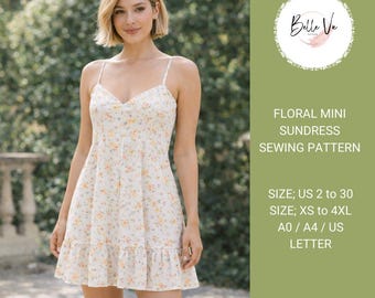 Floral Mini Sundress Sewing Pattern, Spaghetti Strap Cottagecore Dress (PDF Download)