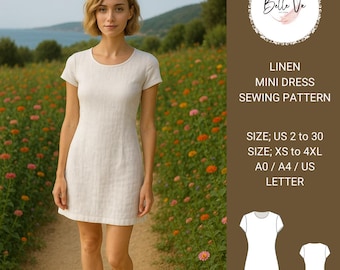 Linen Mini Dress Sewing Pattern – Round Neck, XS-4XL (PDF Pattern)