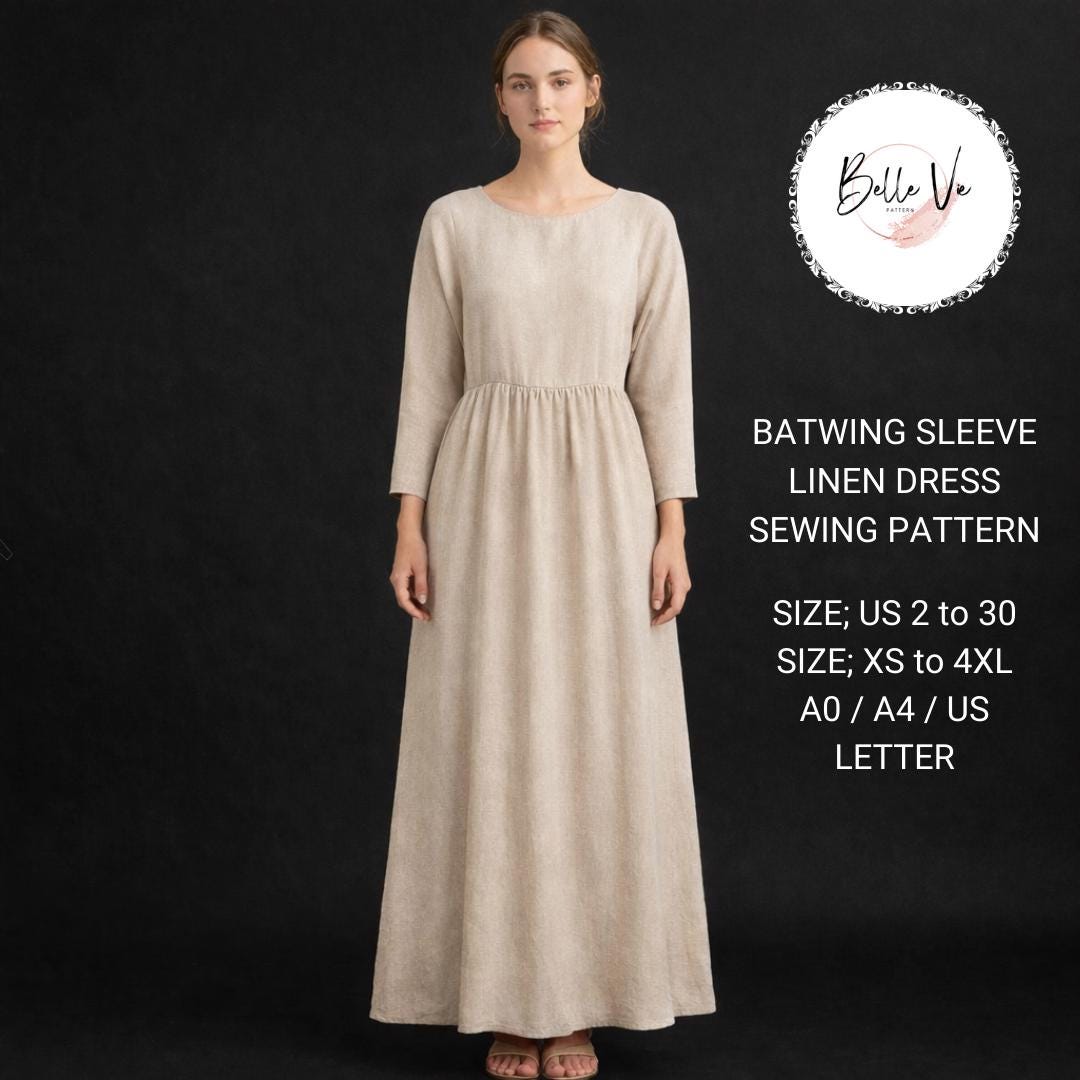 Batwing Sleeve Linen Maxi Dress Sewing Pattern, Modest Gathered Waist (PDF Download) - Etsy Batwing Sleeve Linen Maxi Dress Sewing Pattern, Modest Gathered Waist (PDF Download) - Etsy