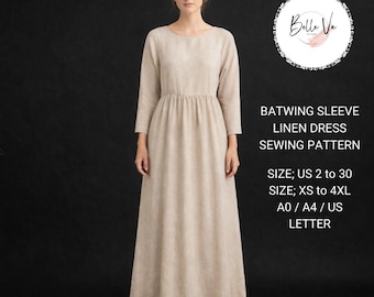 Batwing Sleeve Linen Maxi Dress Sewing Pattern, Modest Gathered Waist (PDF Download)