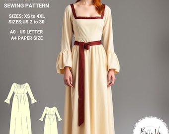 Renaissance-cosplayjurk naaipatroon: maxi met lange mouwen (XS-4XL) (pdf-patroon)
