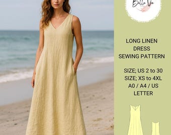 Long Linen V-Neck Dress Sewing Pattern, XS-4XL(PDF Pattern)