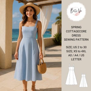 May include: A sewing pattern for a blue and white striped cottagecore dress. The pattern includes sizes US 2 to 30 and XS to 4XL. The pattern is available in A0, A4, and US Letter sizes.
