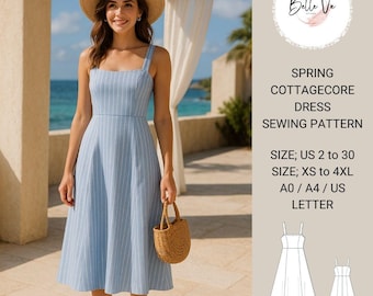 Modello di cucito per abito midi Cottagecore, spalline a righe (modello PDF)